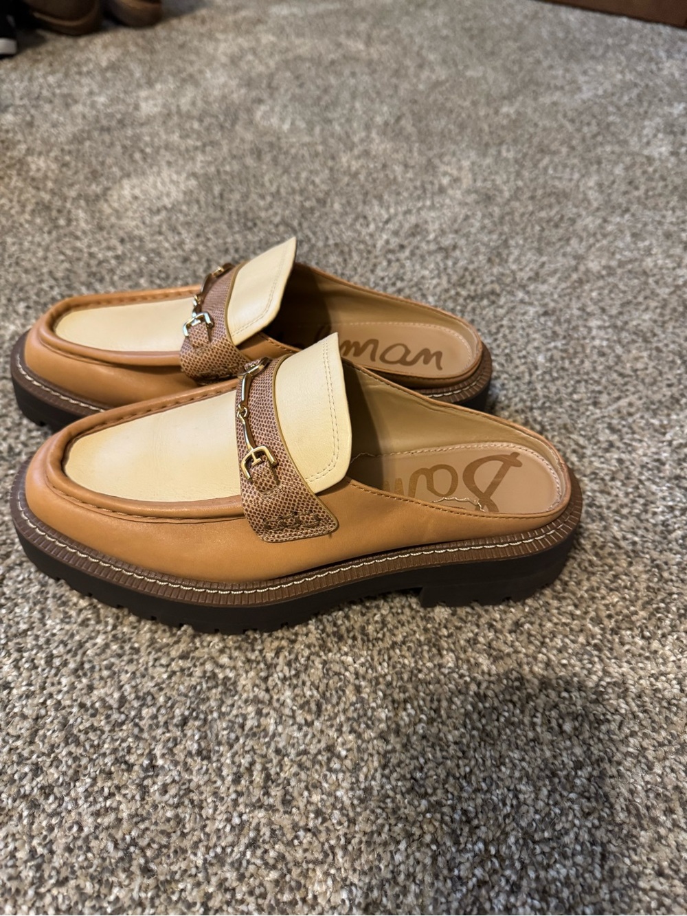 Tan & Cream Slip-On Loafer Mules